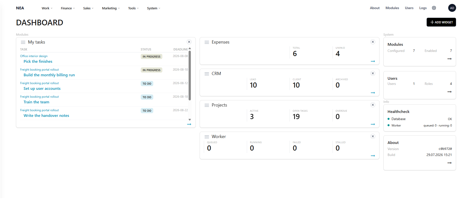 NEXAENVISION dashboard: my tasks, expenses, CRM, projects and system widgets side by side