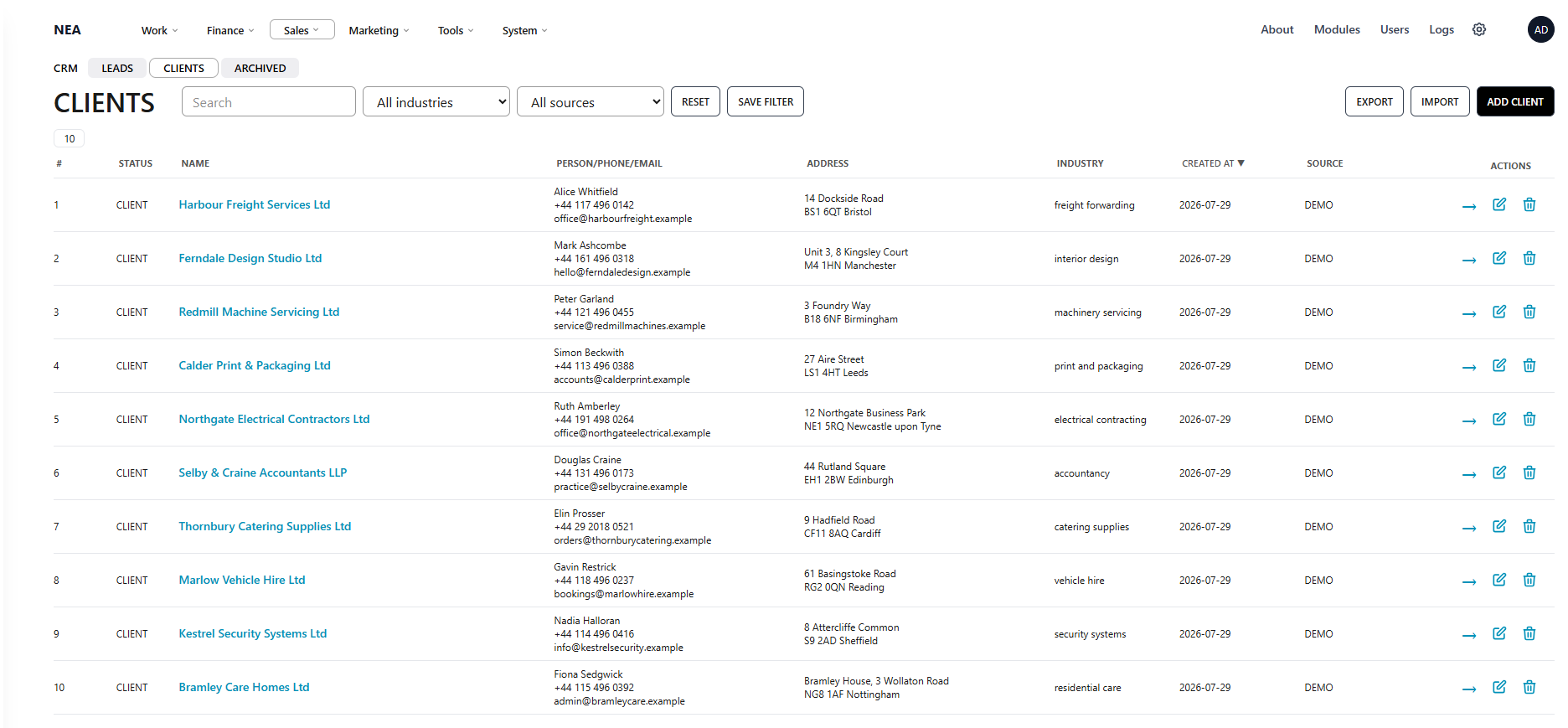 NEXAENVISION client list with status, contact, address, industry and source columns