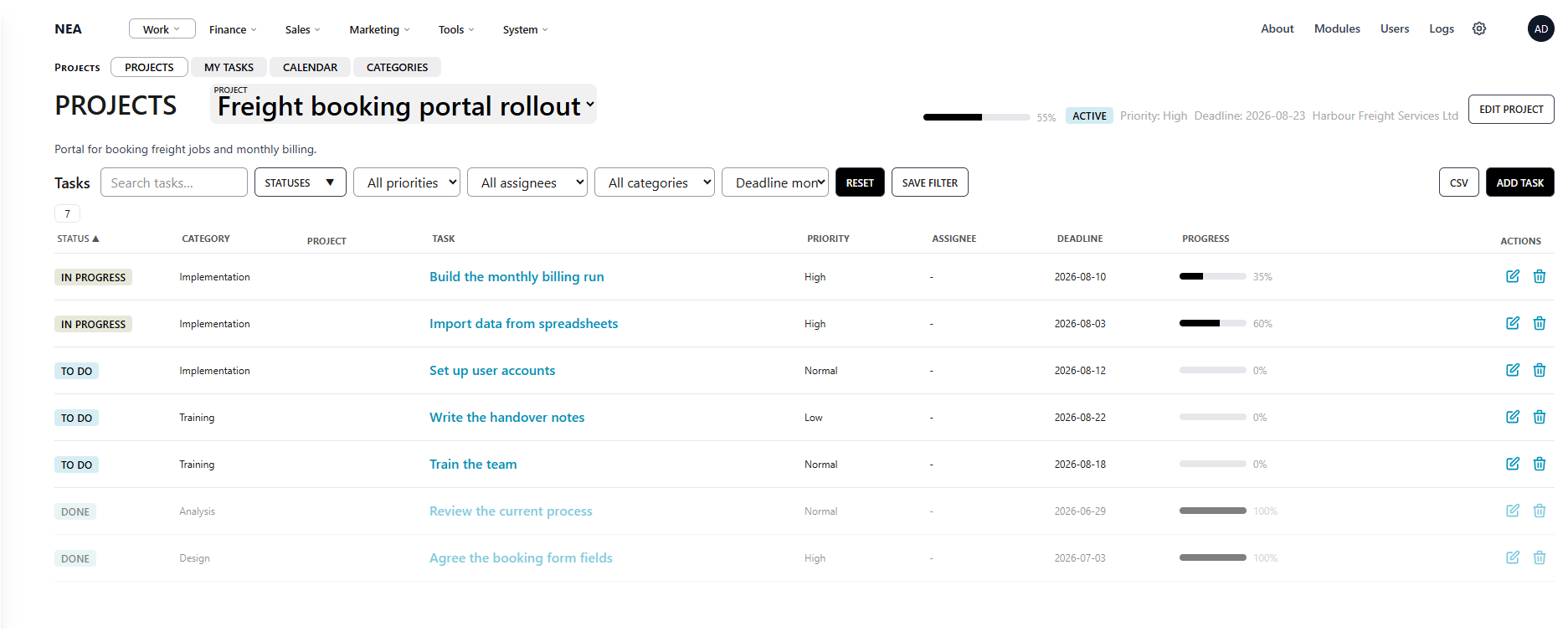 NEXAENVISION project view with a task list, statuses, deadlines and progress bars