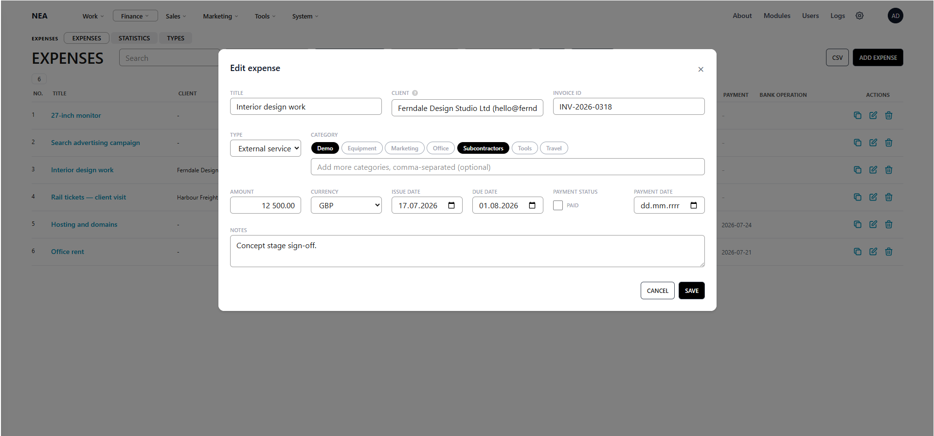 NEXAENVISION expense form with client, invoice id, categories, amount and payment dates