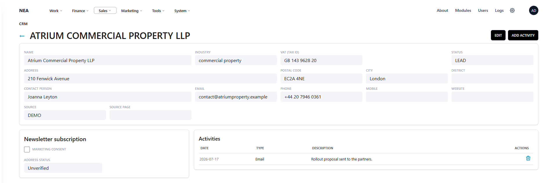 NEXAENVISION client record with company details, newsletter consent and an activity log