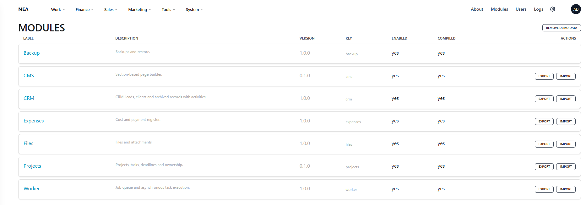 NEXAENVISION modules list with backup, CMS, CRM, expenses, files, projects and worker